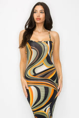 Crossed Back Marble Print Multicolor Midi Dress