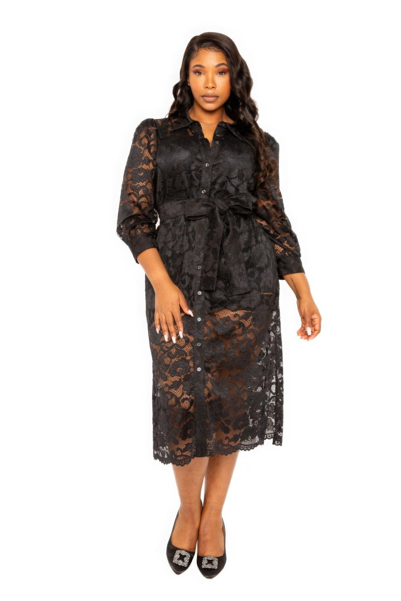 Belted Lace Shirt Dress