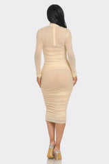 Solid Mesh Ruched Midi Dress