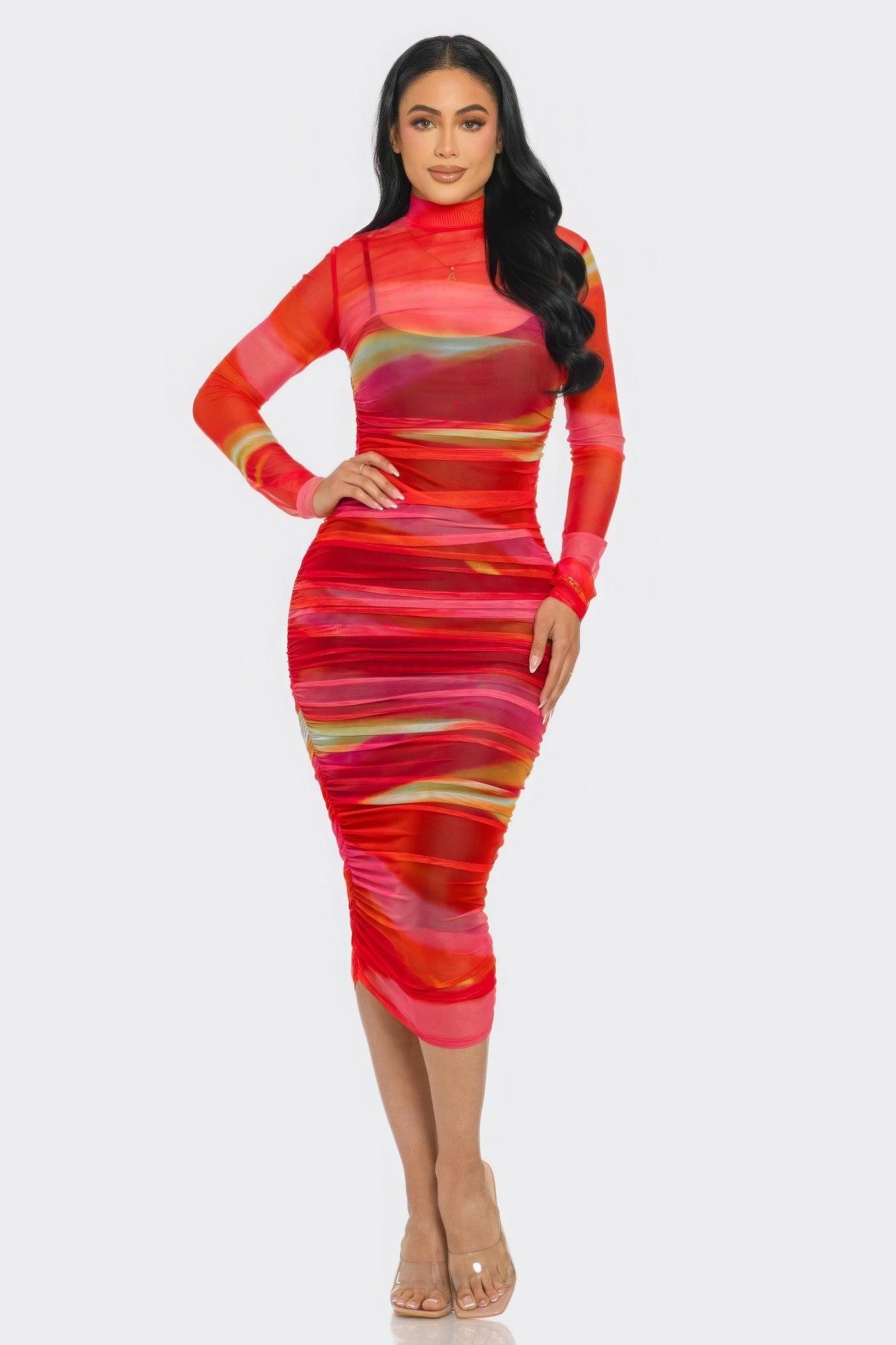 Glitch Print Mesh Ruched Midi Dress