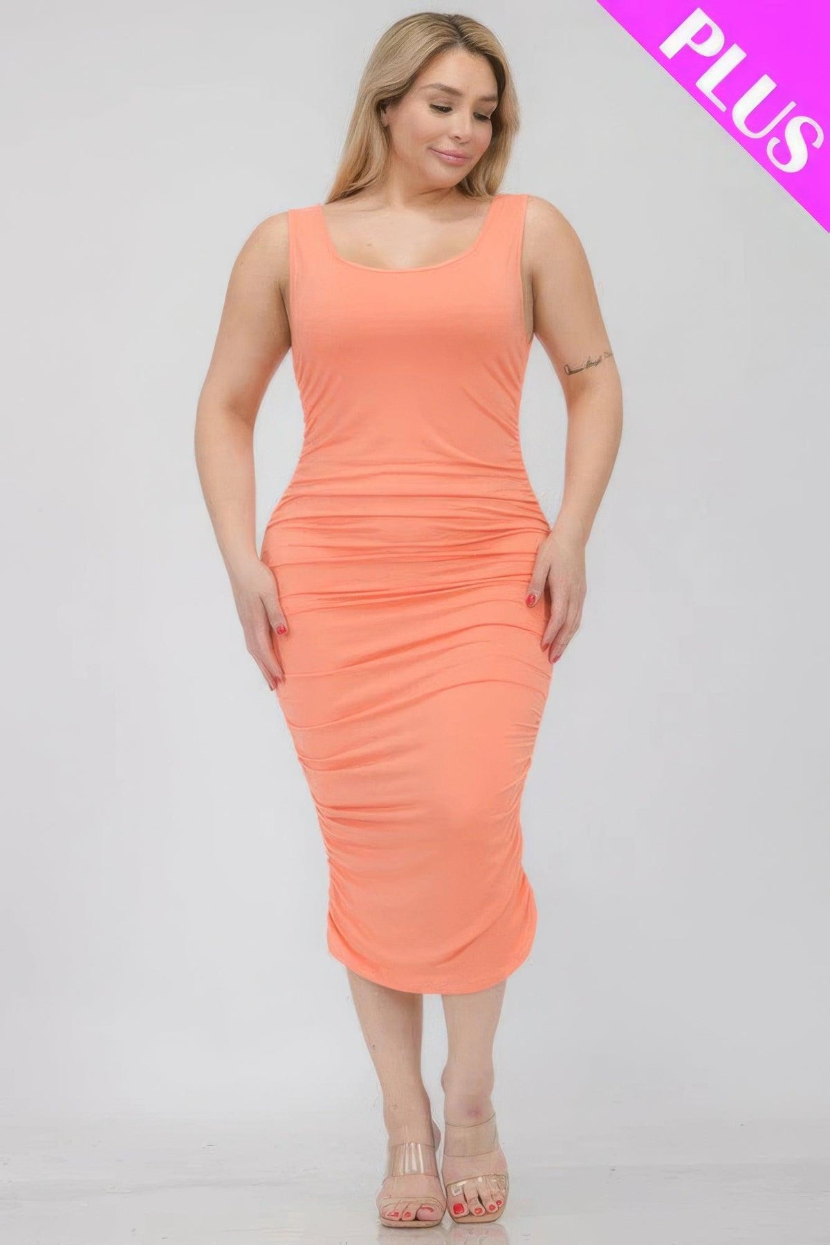 Plus Size Square Neck Ruched Bodycon Midi Dress