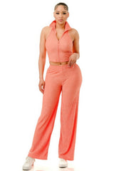 Crinkle Wide Pants Set Zipper