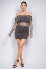 Mid-rise Rhinestone Fishnet Mini Skirt