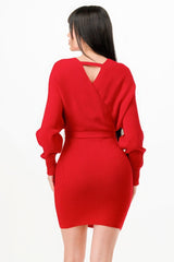 Off Shoulder Wrap Belted Ribbed Sweather Dress