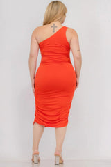 Plus Size Sexy Solid Color Ruched One Shoulder Midi Bodycon Dress