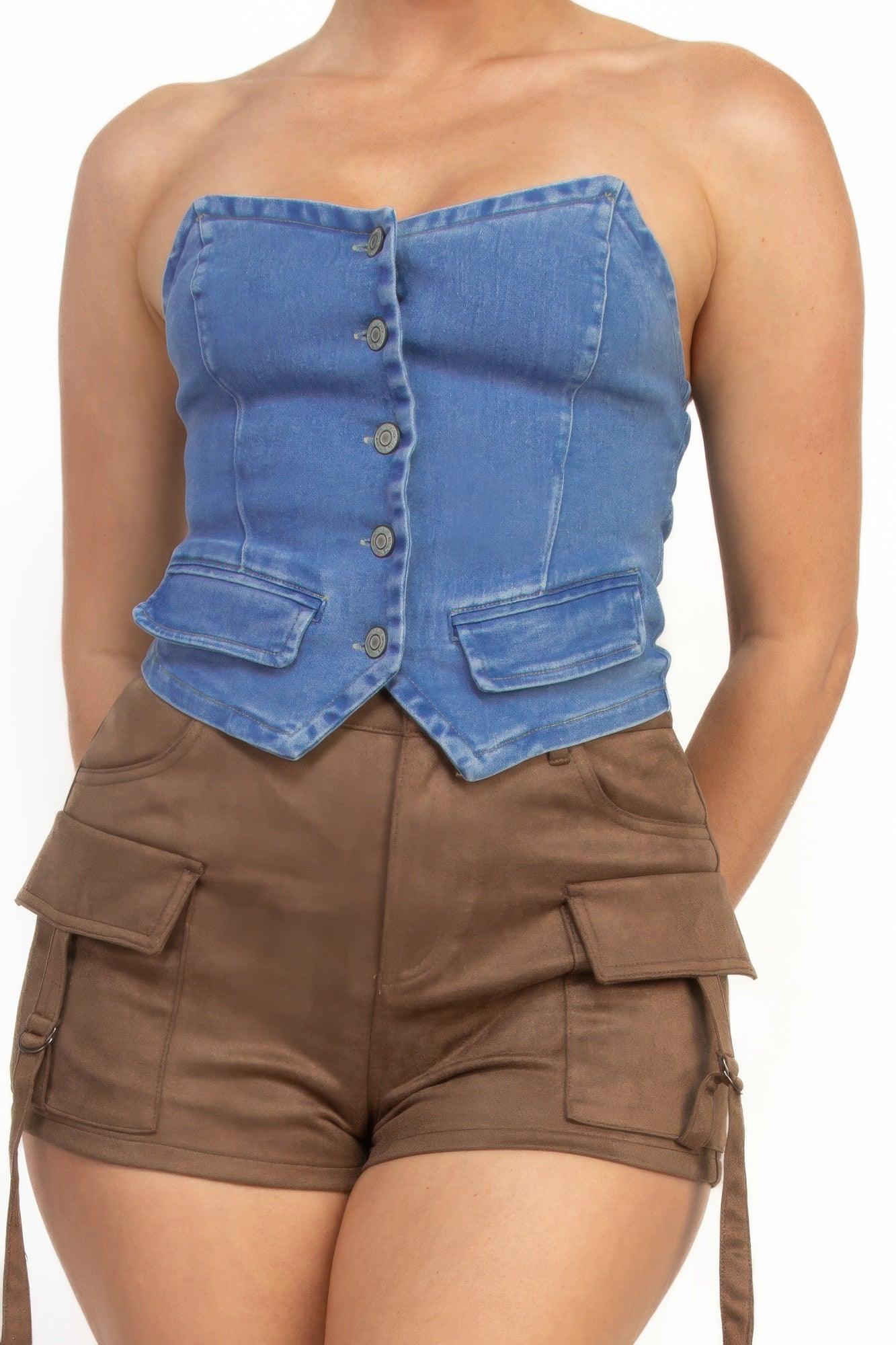 Denim tube button-down crop top