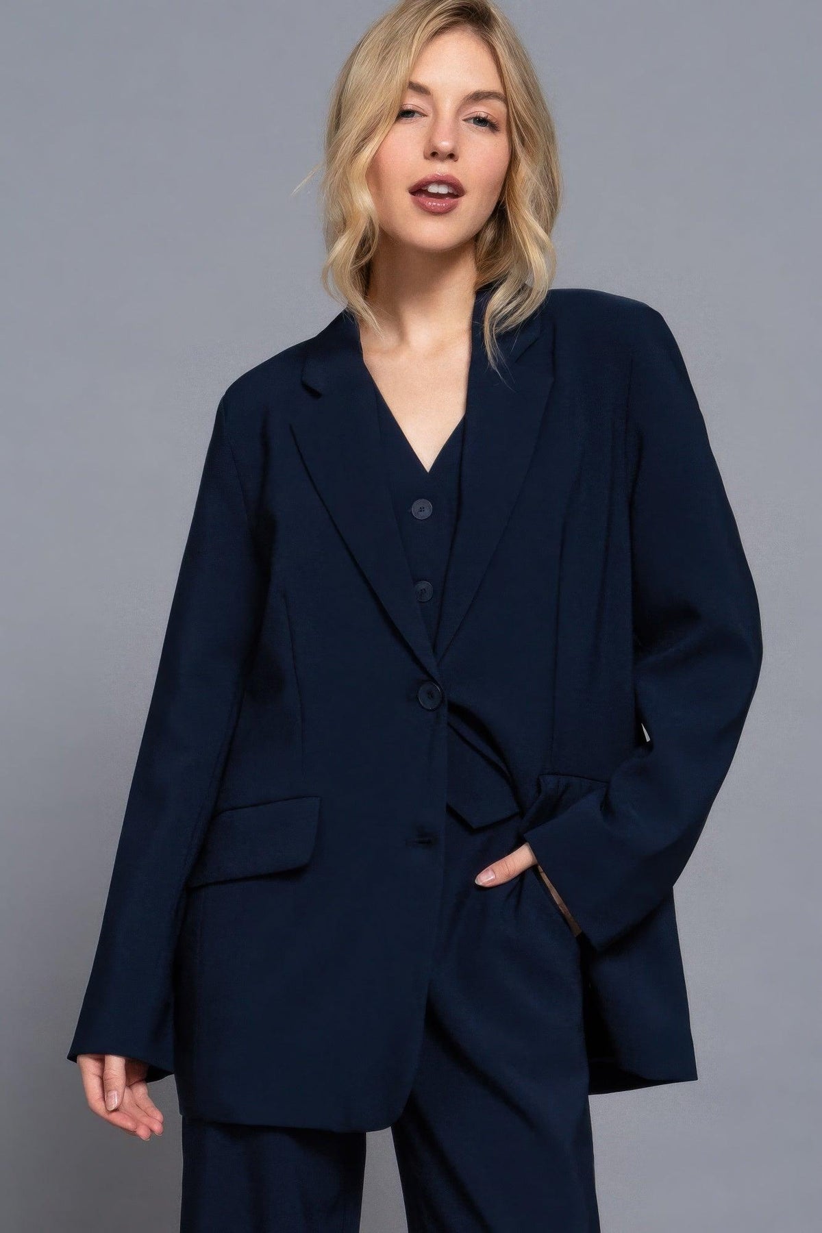 Long slv front button closure blazer