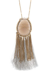 Elognated wrapped gem tassel pendant necklace