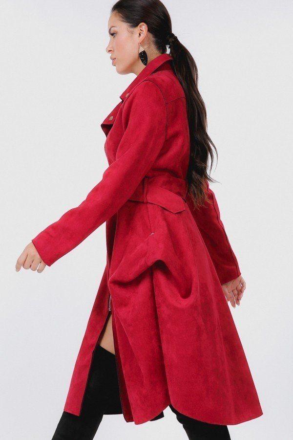 Waist Belt Tacked Faux Suede Coat