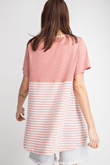 Short Sleeves Rayon Slub Mix And Match Striped Contrast Boxy Top