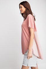 Short Sleeves Rayon Slub Mix And Match Striped Contrast Boxy Top