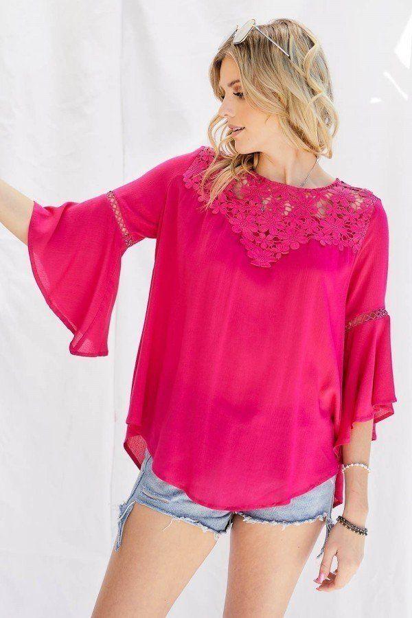 Cute Floral Mesh Lace Accent Yoke Crochet Detailed Tie-back Bell Sleeve Blouse Top