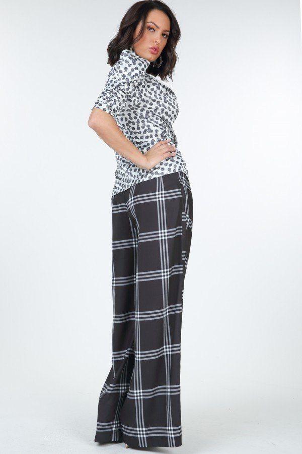 High Waist Plaid Print Wide Leg Pants