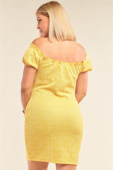 Plus Size Lemon Yellow Sparkly Tweed Plaid Fitted Off-the-shoulder Frill Hem Mini Dress