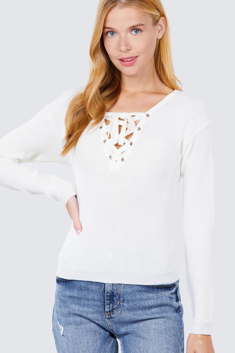 V-neck Eyelet Strap Back Sweater