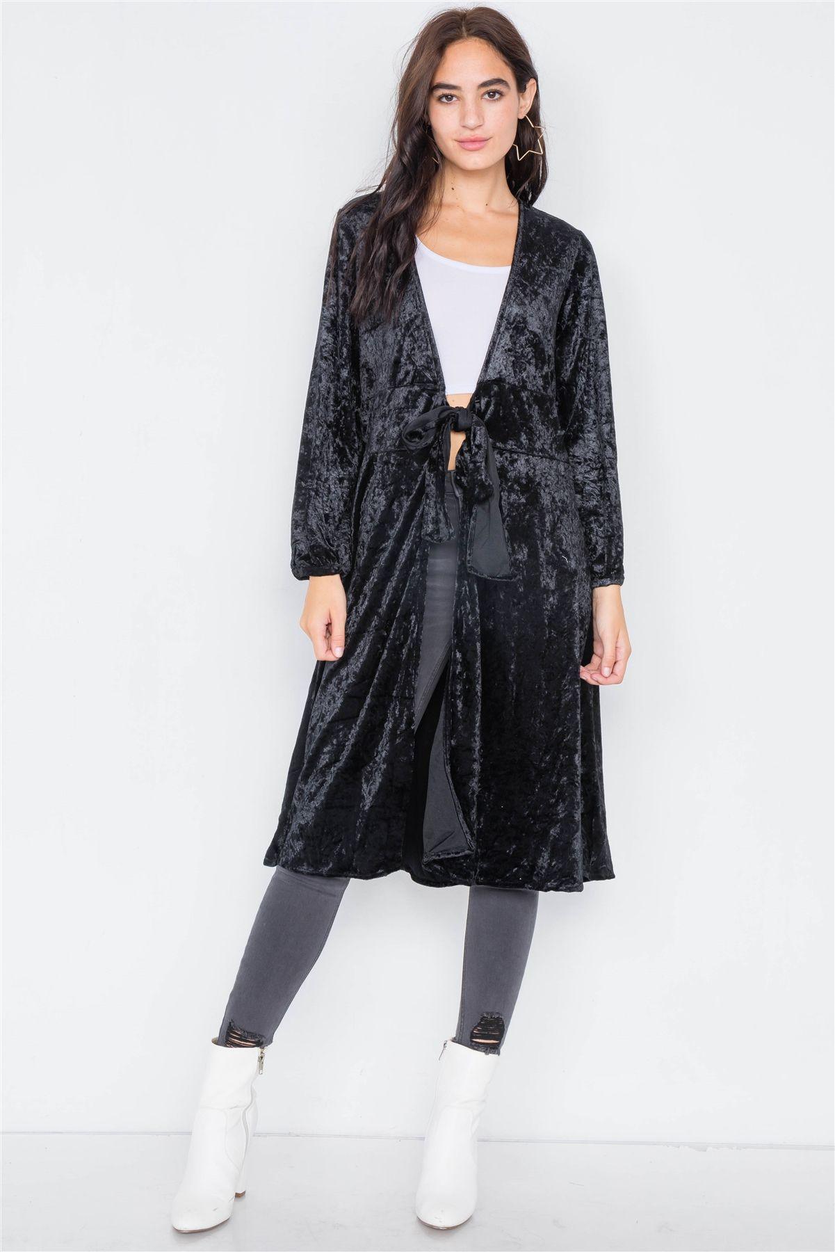 Crushed Velvet Open Front Tie Jacket