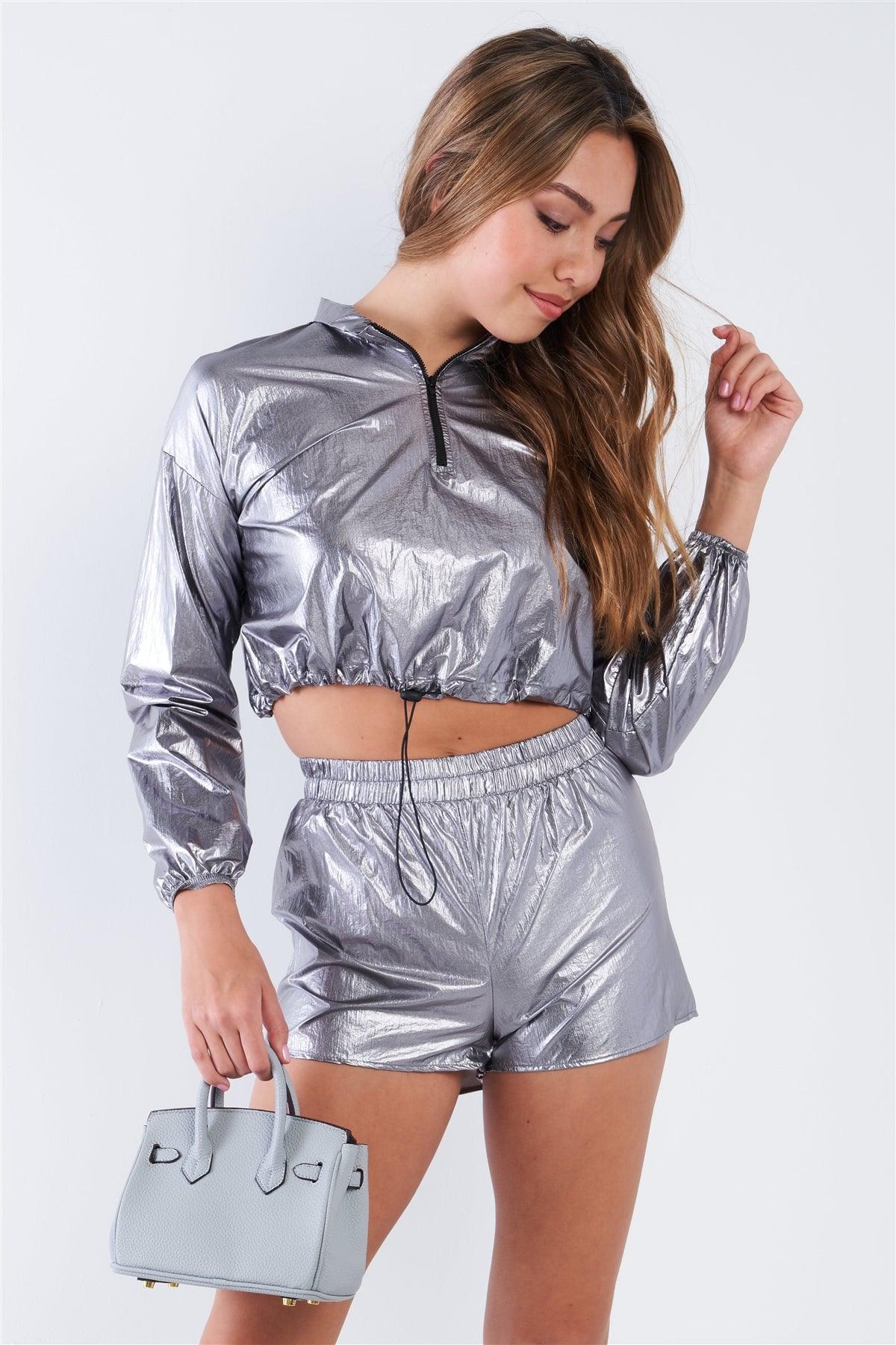 Metallic Lightweight Drawstring Crop Top & Shorts Set