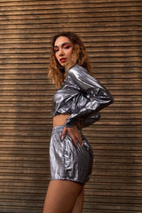 Metallic Lightweight Drawstring Crop Top & Shorts Set