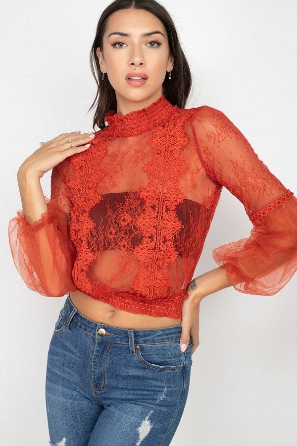 Lace Trim Balloon Sleeve Smocked Top