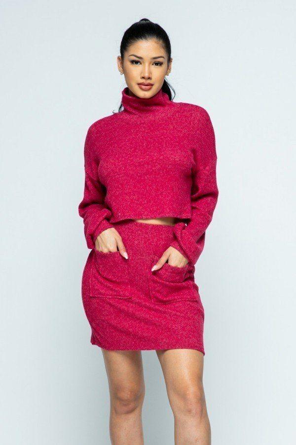 Brushed Knit Mock Neck Drop Shoulder Top With Front Pocket Mini Skirt Set