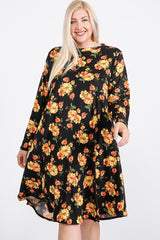 Floral Mock Neck Hidden Pocket Round Hem Midi Dress