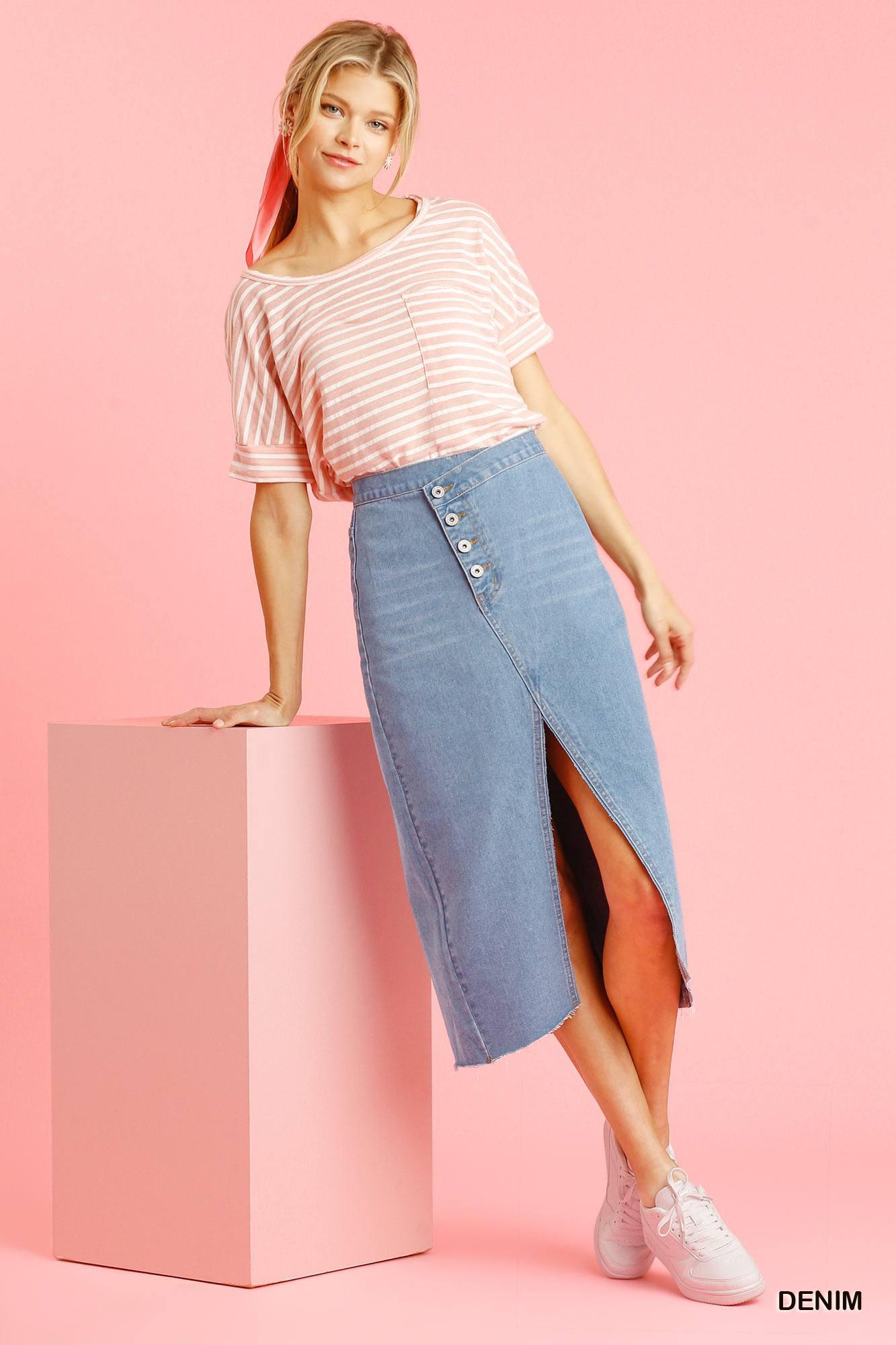 Asymmetrical Waist And Button Up Front Split Denim Skirt With Back Pockets And Unfinished Hem