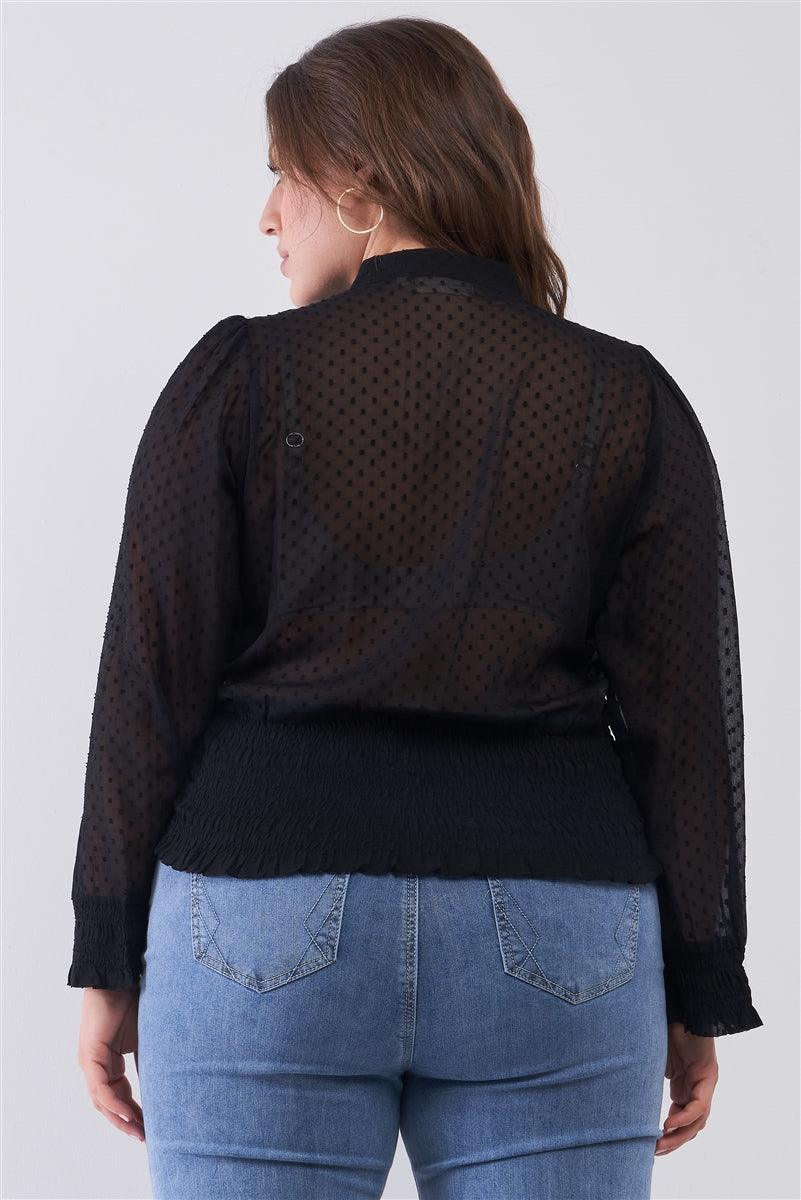 Plus Size Mesh Polka Dot Balloon Sleeve Button-down Smock Detail Blouse Top