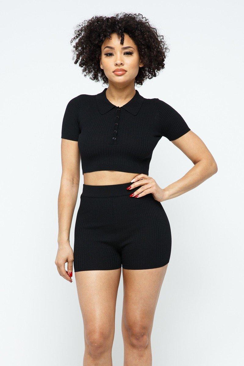 Collar Crop Top + Shorts Set