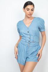 Button-front Denim Top And Shorts Set