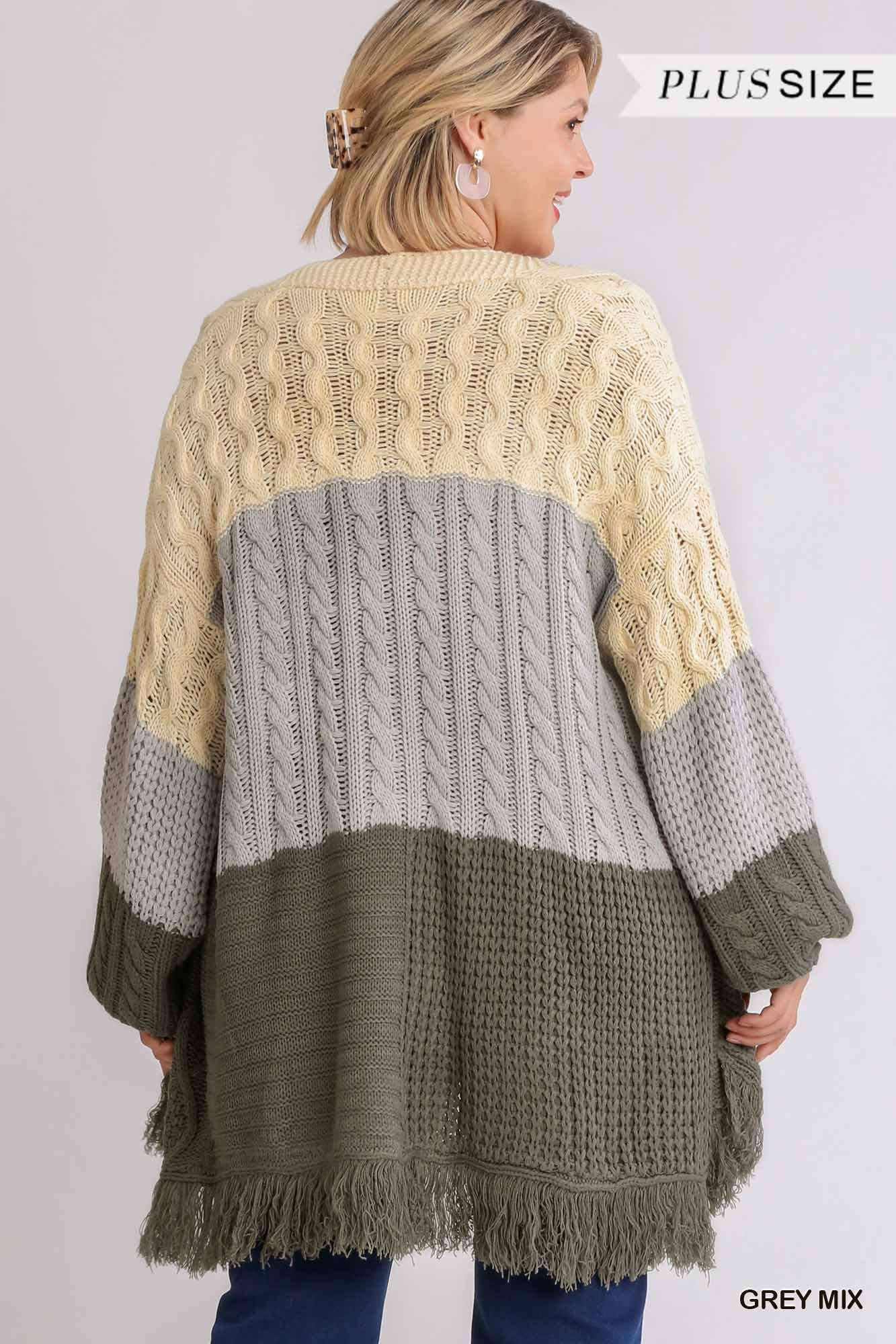 Patchwork Knitted Open Front Cardigan Sweater With Frayed Hem