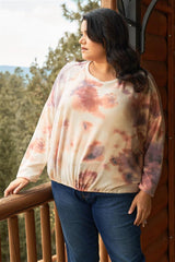 Plus Cream Rust Bleached Tie-dye Long Sleeve Drawstring Detail Relaxed Sweatshirt