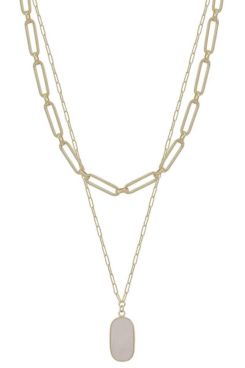 2 Layered Metal Chain Stone Pendant Necklace