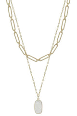 2 Layered Metal Chain Stone Pendant Necklace