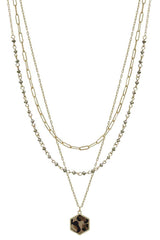 3 Layered Metal Crystal Bead Chain Hexagon Leopard Pendant Necklace