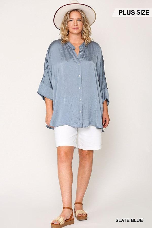 Washed Satin Button Down Loose Fit Top With Hi-lo Hem