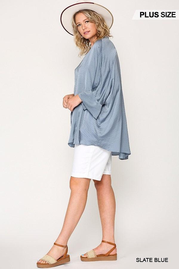 Washed Satin Button Down Loose Fit Top With Hi-lo Hem