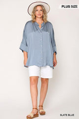 Washed Satin Button Down Loose Fit Top With Hi-lo Hem