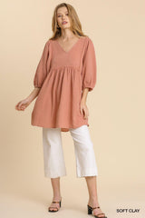 Gauze Slub V-neck Frayed Edge Detail Tunic Dress