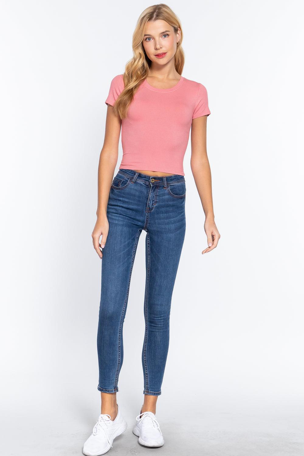 Short Slv Crew Neck Rib Crop Top