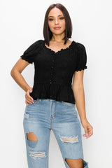 Peplum Eyelet Puff Sleeve Top