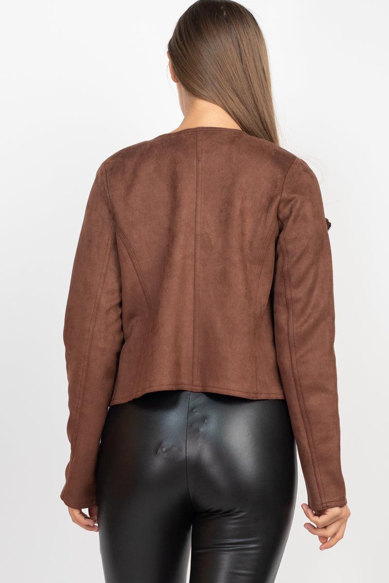 Cropped Zip-up Moto Suede Jacket