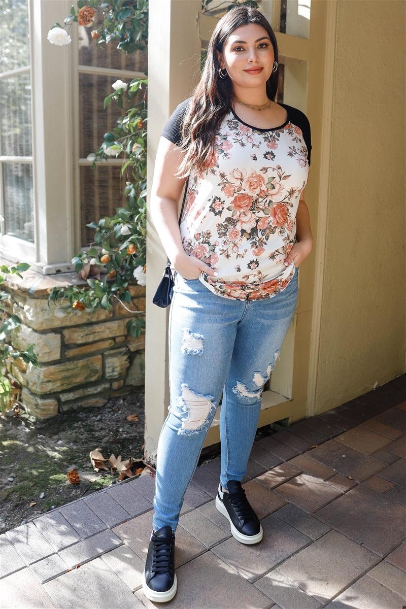 Plus Floral Print & Ribbed Black Colorblock Top