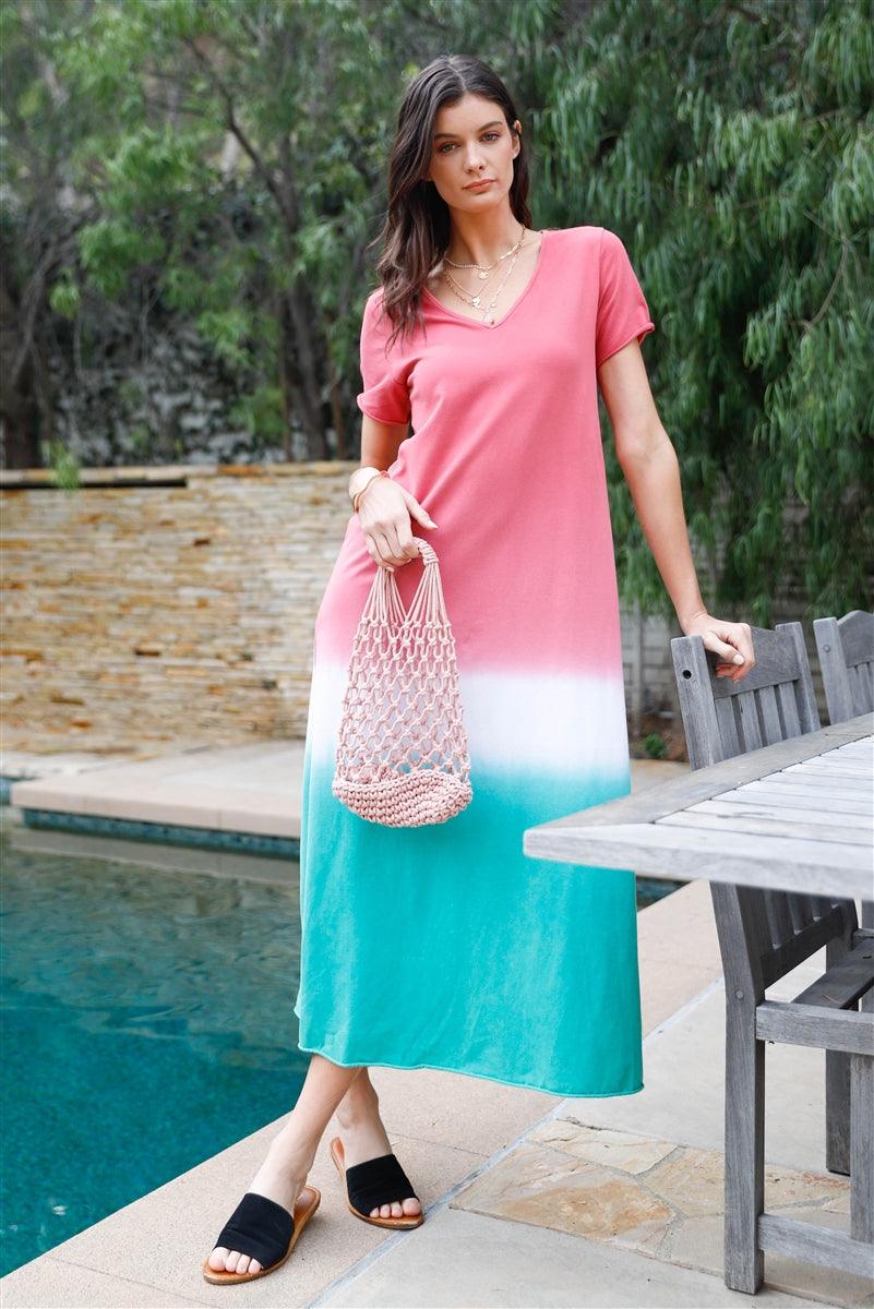 Brick Multi Color Cotton Tie-dye V-neck Maxi Dress