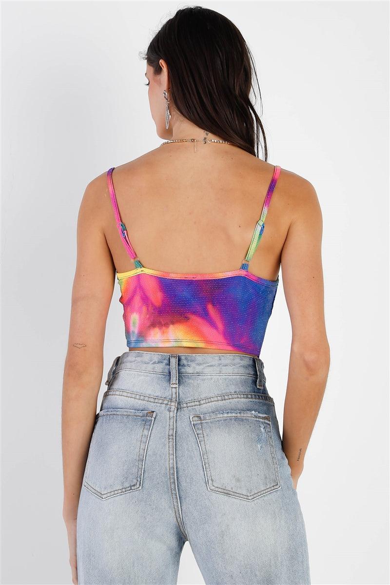 Multi Color Neon Tie-dye Lurex Cowl Neck Sleeveless Crop Top