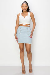 Button Frayed Denim Mini Skirt