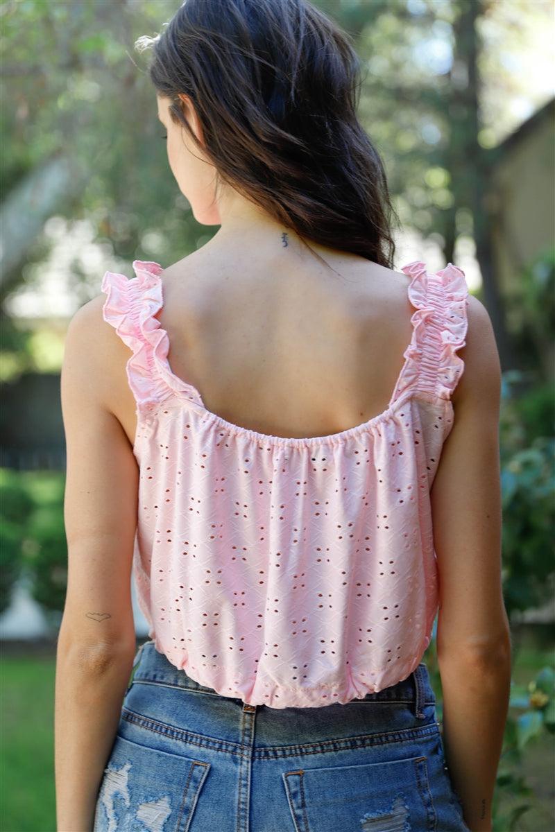 Embroidered Ruffle Trim Strap Sleeveless Crop Top