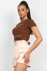 Self-tie Ribbon Front Cutout Crop Top