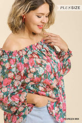 Sheer Floral Print Metallic Threading Long Sleeve Off Shoulder Top With High Low Hem