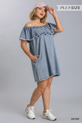 Off Shoulder Ruffled Denim Dress With Frayed Hem & Pockets