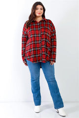 Plus Black & Red Plaid Collared Button Up Shirt Top